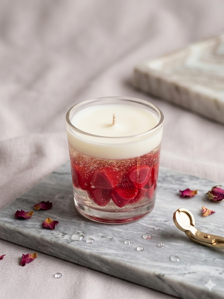 Glass filled with hearts candle